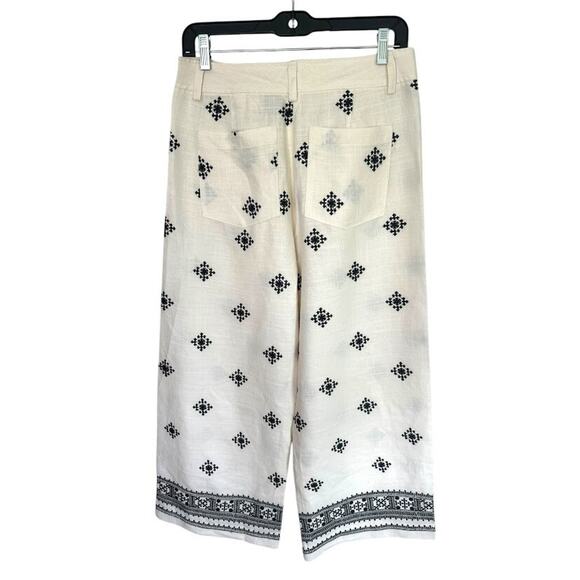 Elie Tahari Women’s Linen Blend Embroidered Wide Leg Cropped Pants Boho Cream 6 - Picture 4 of 10